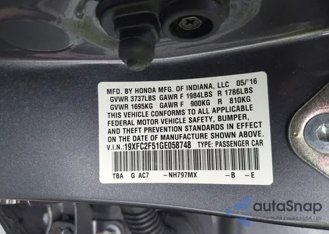 2016 Honda Civic Lx from USA, damaged, VIN 19XFC2F51GE058748